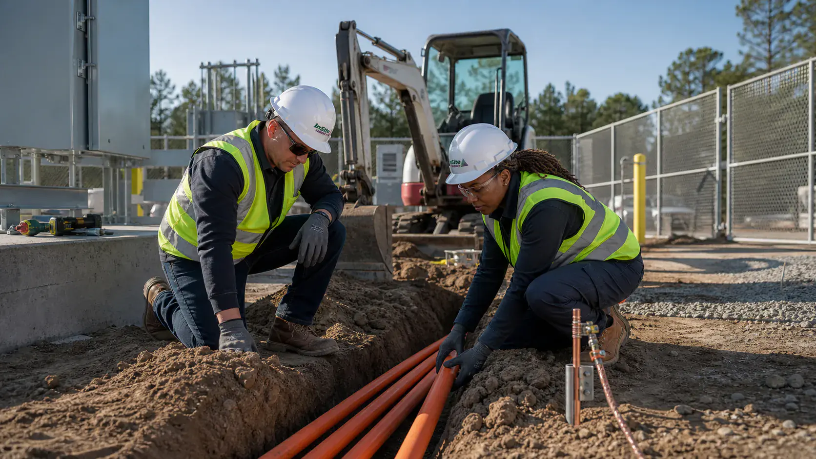 Civil construction crew installing underground communications pathways