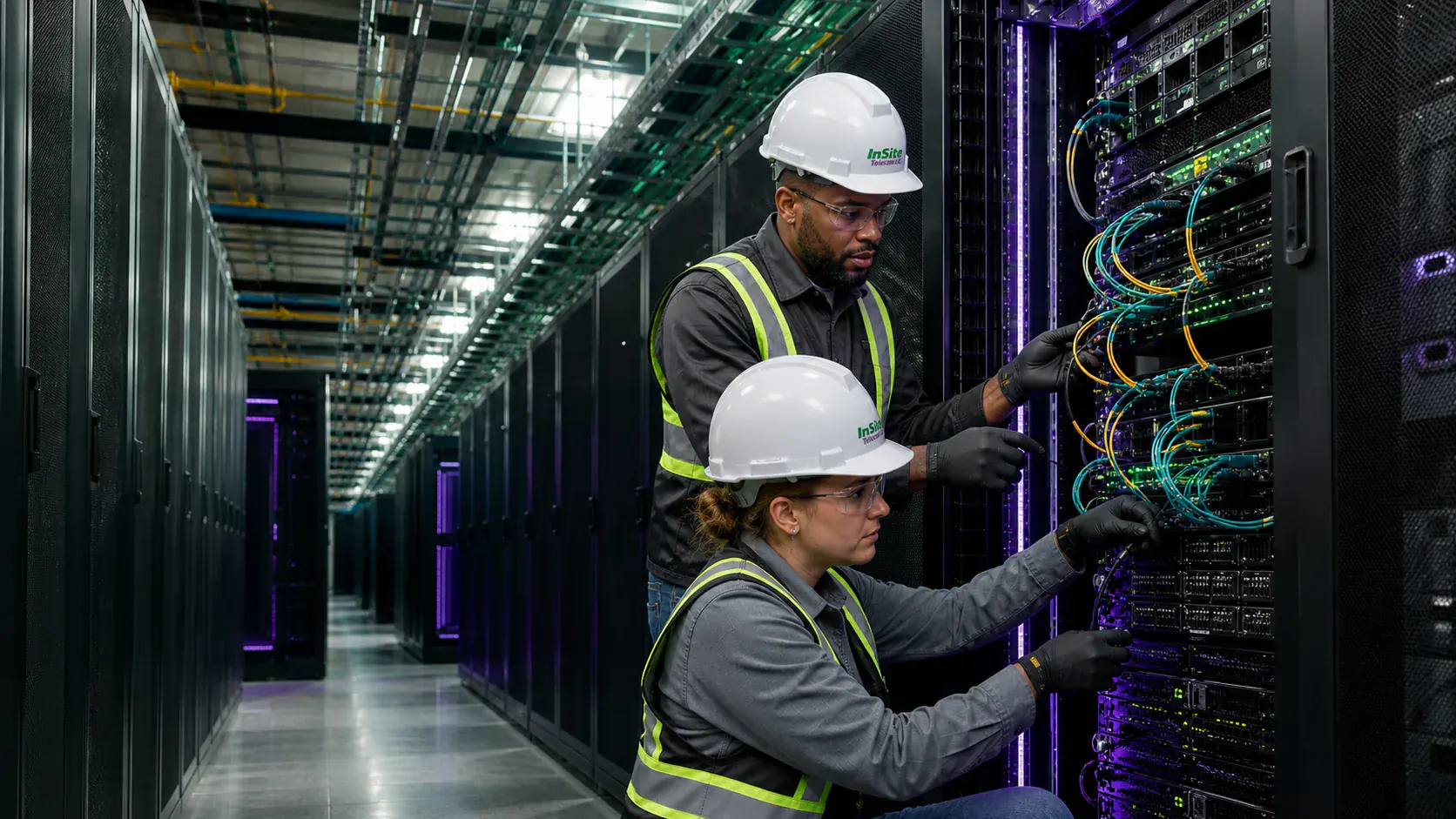 Technicians installing fiber and network equipment in a data center