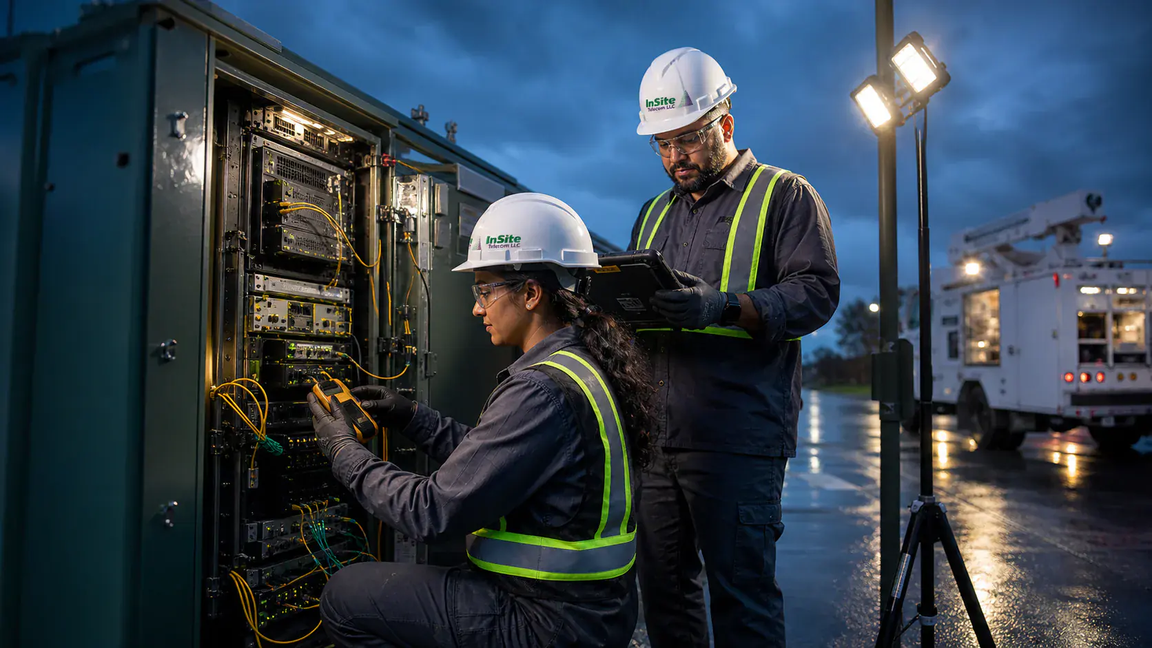 Emergency response technicians restoring communications equipment