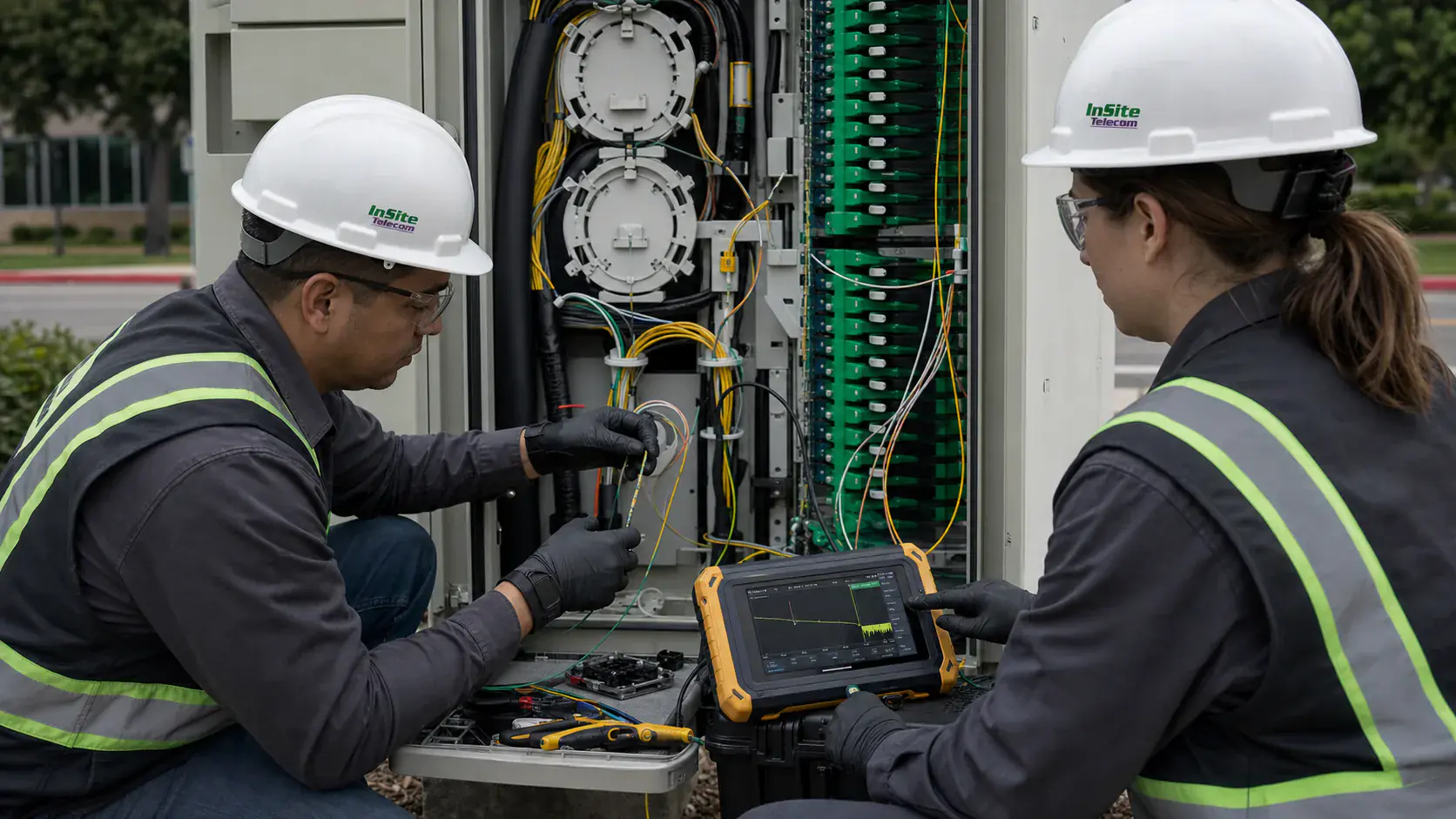 Fiber technicians testing and terminating structured cabling