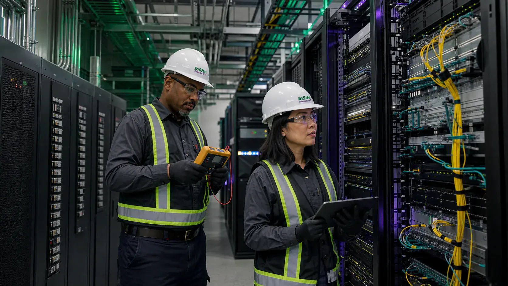 Technicians testing interconnect and switching equipment