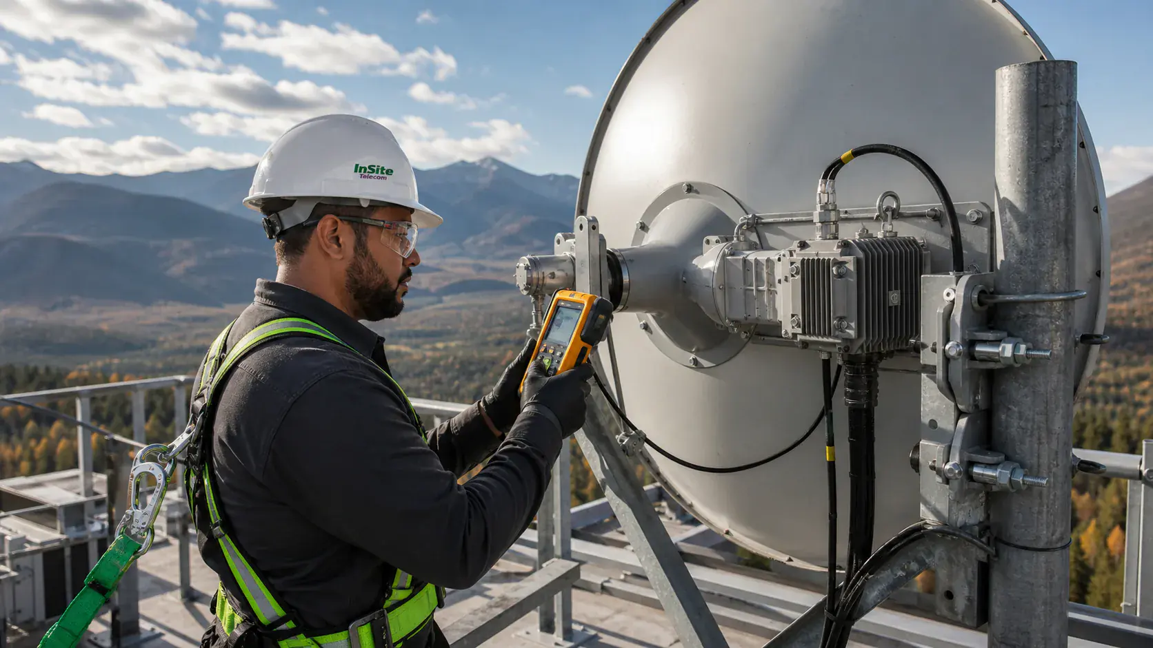 Technician commissioning a microwave communications link