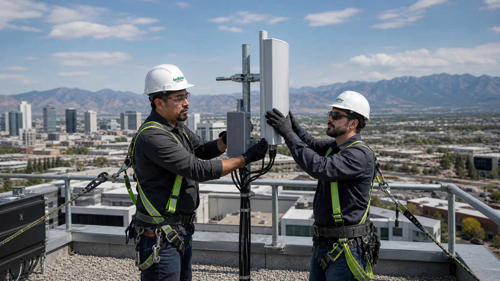 Technicians installing rooftop small cell equipment