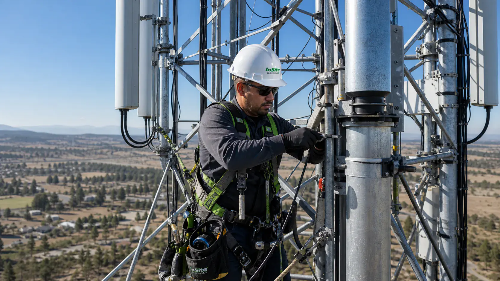 Tower technician performing wireless infrastructure modifications